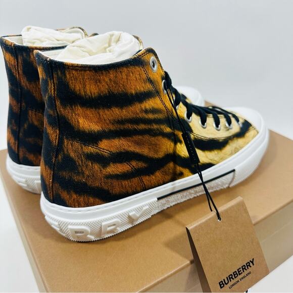 Burberry Jack 43/ US 10 High Top Sneaker in Tiger Print Orange Black NIB $720 - Picture 6 of 10